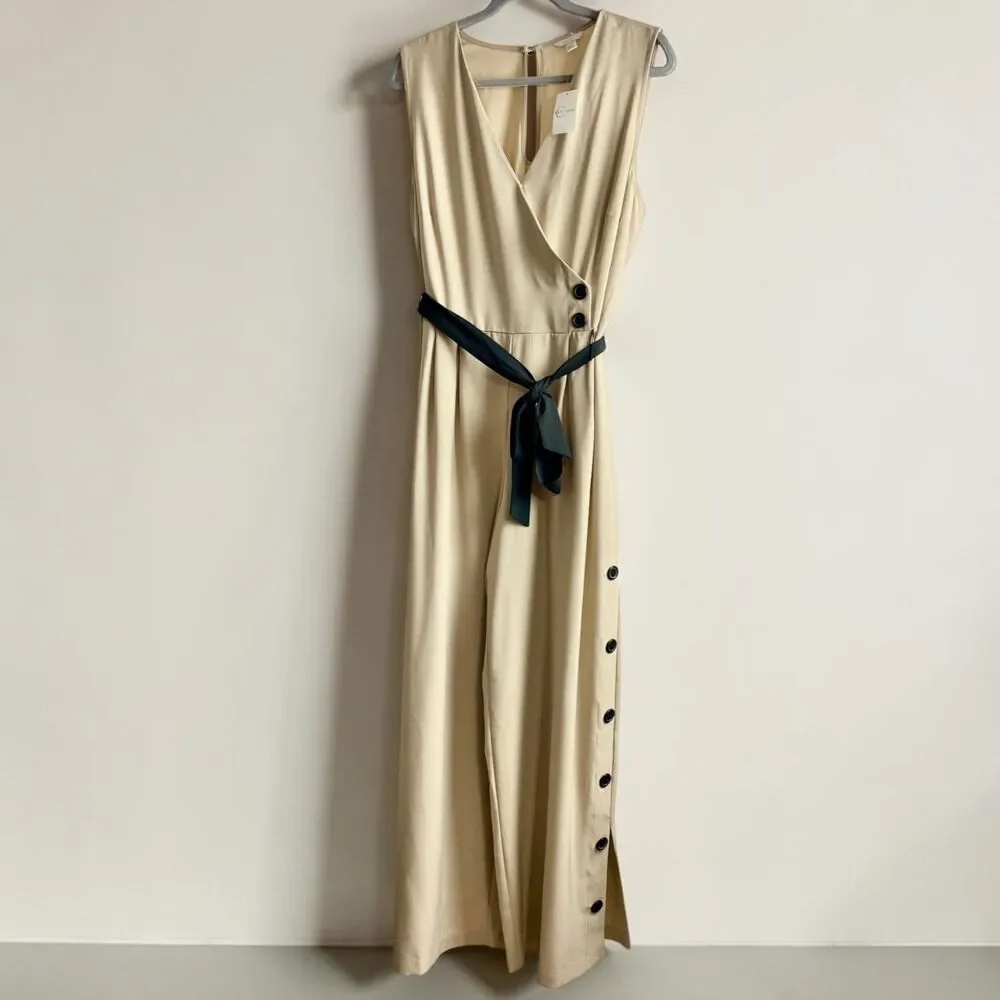 NWT Cato Jumpsuit 14/16W Beige Tan Wide Leg Side Slit Button Accent Belted Wrap